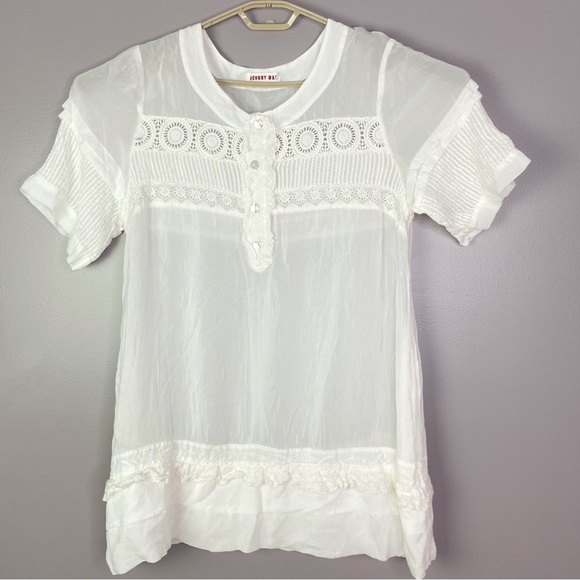 Johnny Was Tops - Johnny Was White Blouse Semi-Sheer Crochet Lace Short Sleeves Buttons Size Large